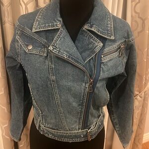 A.HELM Blue Denim Jacket Zipper Up w/Buckle Waist Belt Women’s Size Small NWT